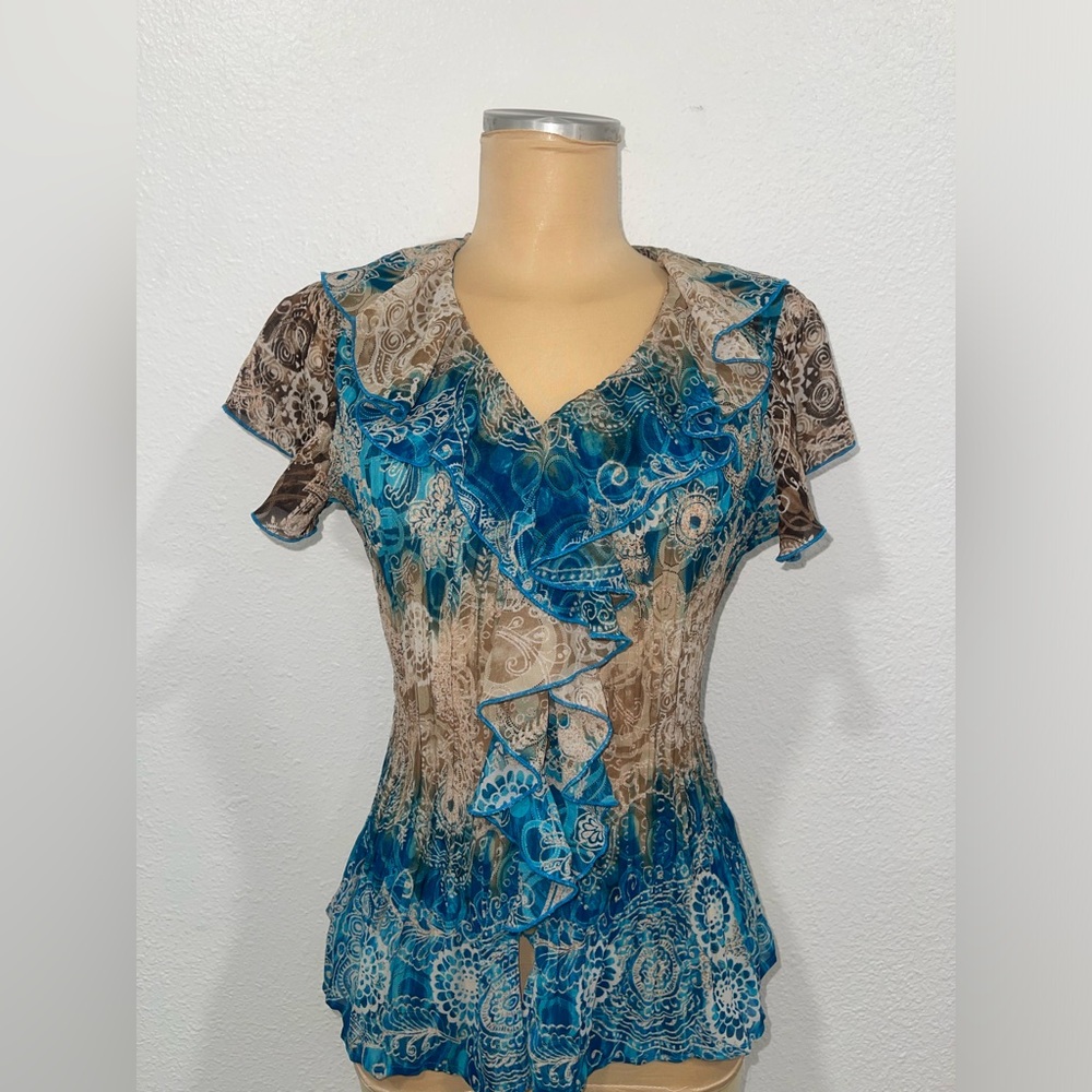 Blue and Brown Paisley Ruffle Top
